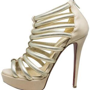 Christian Louboutin Romaine Cage Sandal Beige Gold Platform Pumps Stiletto Heels